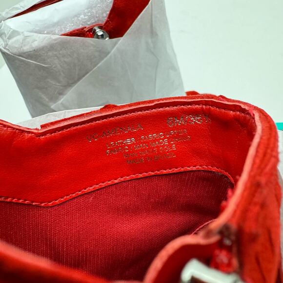 NEW Vince Camuto Amenala Bright Red Faux Suede Western Fringe Peep Toe Bootie - Picture 12 of 14